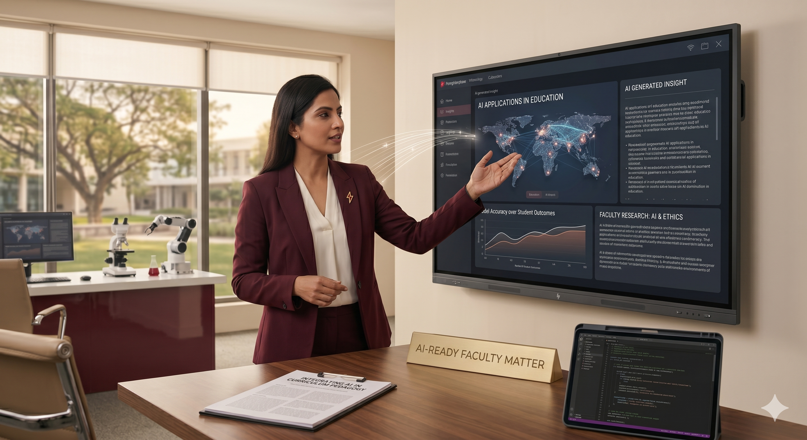 Faculty member presenting with a digital AI display